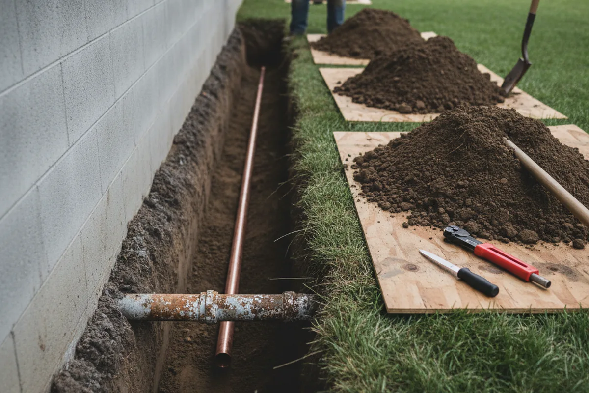Excavated water line trench during Water Softener Installation in Topsfield
